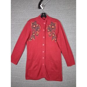 Bob Mackie Womens Sweater Small Red Floral Embroidered Long Cardigan Art To Wear